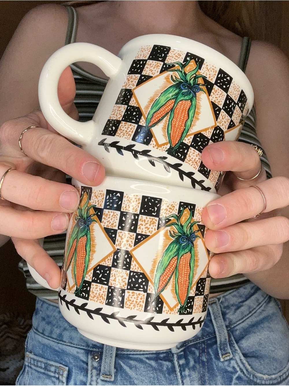 Vintage 90s Fresh Garden Corn & Checkerboard Mugs | Set of 2